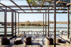 Terrasse du restaurant gastronomique en Camargue Marius à l'Hotel Mas de la Fouque