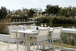 Terrasse du restaurant gastronomique en Camargue Marius à l'Hotel Mas de la Fouque